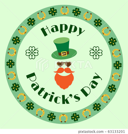 Happy Patrick's Day vector illustration Festive frame pattern. Text in a stylish frame on a light green background. Design of banner, poster, flyer, greeting card. Isolated color elements on backdrop. Happy Patrick's Day vector illustration Festive frame pattern. Text in a stylish frame on a light green background. Design of banner, poster, flyer, greeting card. Isolated color elements on backdrop. 63133201