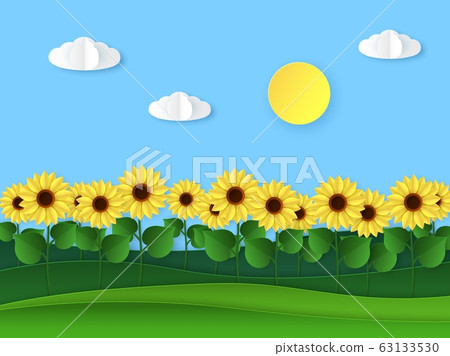 Paper sunflowers. Summer field landscape, paper cut with wild sunflower, sun and clouds, bright floral origami style vector background Paper sunflowers. Summer field landscape, paper cut with wild sunflower, sun and clouds, bright floral origami style vector background 63133530
