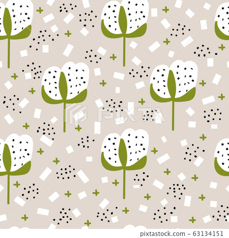 cotton with leaves background vector seamless pattern 63134151