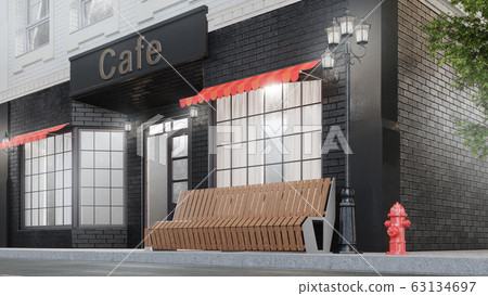 Cafe or coffee shop. Exterior of a building near the road. The view from the street is a bench with a garbage bin, street lights, hydrant and a beautiful tree, 3d illustration 63134697