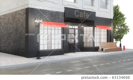 Cafe or coffee shop. Exterior of a building near the road. The view from the street is a bench with a garbage bin, street lights, hydrant and a beautiful tree, 3d illustration 63134698
