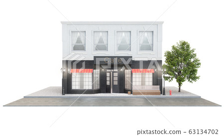 Cafe or coffee shop. Exterior of a building near the road on a white background. The view from the street is a bench with a garbage bin, street lights, hydrant and a beautiful tree, 3d illustration 63134702