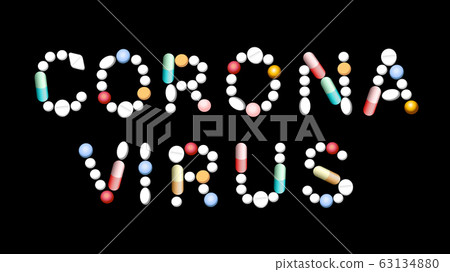 The word CORONAVIRUS composed with different pills, tablets, capsules. Isolated vector illustration on black background. 63134880