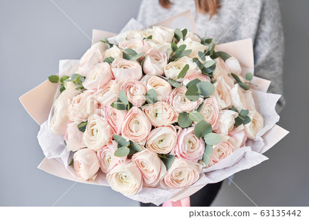 Persian buttercup in womans hands. Bunch pale pink ranunculus flowers with green eucalyptus. The work of the florist at a flower shop Persian buttercup in womans hands. Bunch pale pink ranunculus flowers with green eucalyptus. The work of the florist at a flower shop 63135442