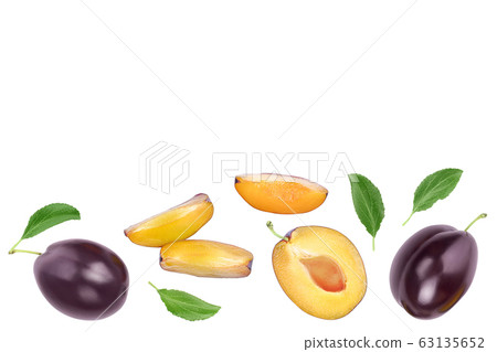 fresh purple plum and half with leaves isolated on white background with clipping path and copy spase for your text. Top view. Flat lay fresh purple plum and half with leaves isolated on white background with clipping path and copy spase for your text. Top view. Flat lay 63135652