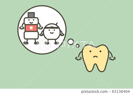 yellow tooth thinking of mouthwash and floss, dental plaque 63136404