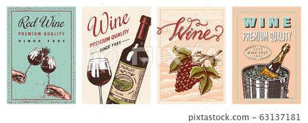 Wine posters or vineyard banners. Sparkling champagne background, Cheers toast and Grape. Hand Drawn Wine posters or vineyard banners. Sparkling champagne background, Cheers toast and Grape. Hand Drawn 63137181