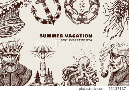 Sea Poster. Nautical banner or background. Lighthouse, mermaid and marine captain, octopus and 63137187