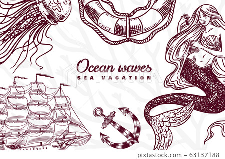 Nautical Poster. Sea banner or background. Lighthouse, mermaid and marine captain, octopus and Nautical Poster. Sea banner or background. Lighthouse, mermaid and marine captain, octopus and 63137188