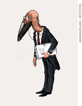 Marabou character. Bird man or Lawyer in a classic office suit with documents. Hand drawn Marabou character. Bird man or Lawyer in a classic office suit with documents. Hand drawn 63137241