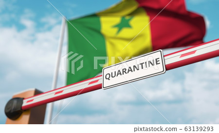 Closed boom gate with QUARANTINE sign on the Senegalese flag background. Border closure or infection related isolation in Senegal Closed boom gate with QUARANTINE sign on the Senegalese flag background. Border closure or infection related isolation in Senegal 63139293
