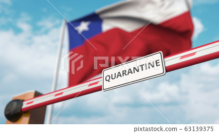 Barrier gate with QUARANTINE sign being closed with flag of Chile as a background. Chilean border closure or infection related isolation Barrier gate with QUARANTINE sign being closed with flag of Chile as a background. Chilean border closure or infection related isolation 63139375