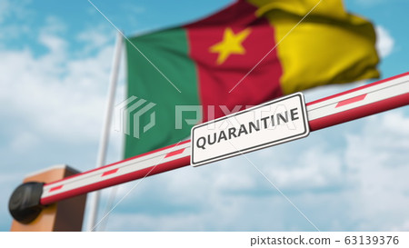 Closed boom gate with QUARANTINE sign on the Cameroonian flag background. Border closure or infection related isolation in Cameroon Closed boom gate with QUARANTINE sign on the Cameroonian flag background. Border closure or infection related isolation in Cameroon 63139376