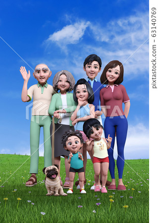 A smiling family waving in the field under the blue sky A smiling family waving in the field under the blue sky 63140769