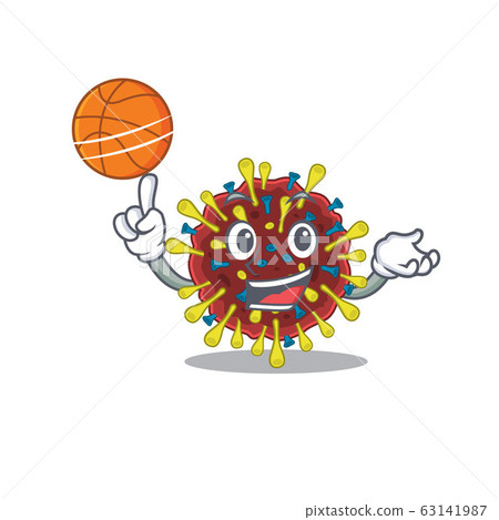 A sporty corona virus molecule cartoon mascot design playing basketball 63141987