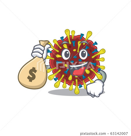 Smiley rich corona virus molecule cartoon character bring money bags 63142007