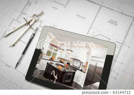 Computer Tablet Showing Kitchen Illustration On House Plans, Pencil, Compass. 63144712