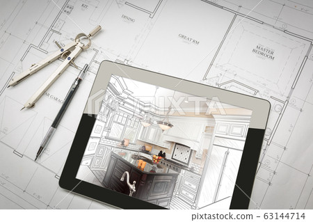 Computer Tablet Showing Kitchen Illustration On House Plans, Pencil, Compass. 63144714