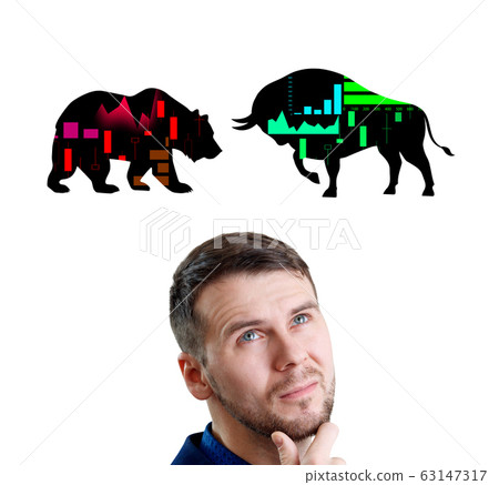 Businessman in the middle of silhouettes bull and bear icons. Businessman in the middle of silhouettes bull and bear icons. 63147317