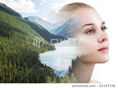 Double exposure of young woman combined with forest. Double exposure of young woman combined with forest. 63147330
