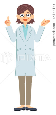 A middle-aged female doctor in a white coat with a gesture to explain A middle-aged female doctor in a white coat with a gesture to explain 63148173