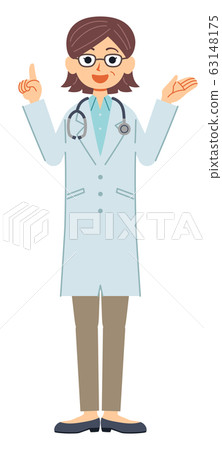 A middle-aged female doctor wearing a white coat with a gesture to explain the whole body (stethoscope) A middle-aged female doctor wearing a white coat with a gesture to explain the whole body (stethoscope) 63148175