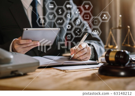 Lawyer singing in documents, filling court records, job responsibilities in office. 63148212