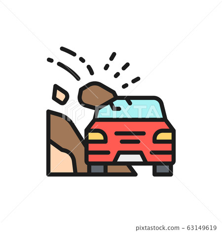 Landslides, accident on highway, stones collapsed on car flat color line icon. Landslides, accident on highway, stones collapsed on car flat color line icon. 63149619