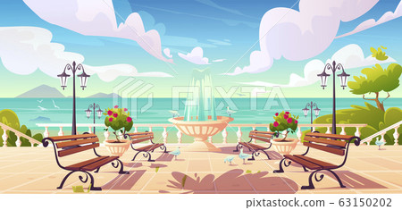 Summer seafront with fountain and benches Summer seafront with fountain and benches 63150202