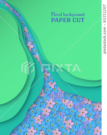 Paper cut background. Delicate blue, pink, purple flowers forget-me-not. Summer floral design in green. Poster, banner, brochure. Vector 63151207