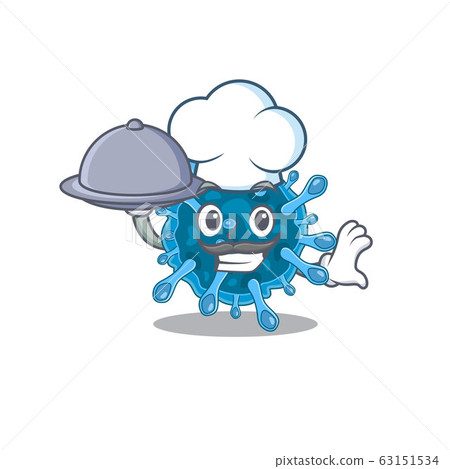 Microscopic coronavirus as a chef cartoon character with food on tray 63151534