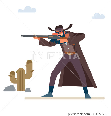 The gold hunter aims his rifle. Old wild west. Cartoon vector illustration. Flat style. Isolated on white background. 63151756