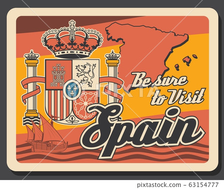 Travel to Spain retro poster with map and crown 63154777