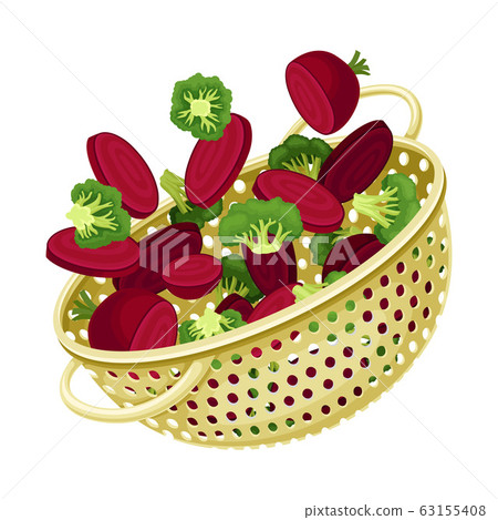 Kitchen Colander or Strainer Made of Plastic with Sliced Vegetables Inside Vector Illustration Kitchen Colander or Strainer Made of Plastic with Sliced Vegetables Inside Vector Illustration 63155408