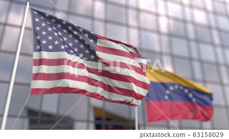 Flying flags of the USA and Venezuela in front of a modern skyscraper. 3D rendering 63158029