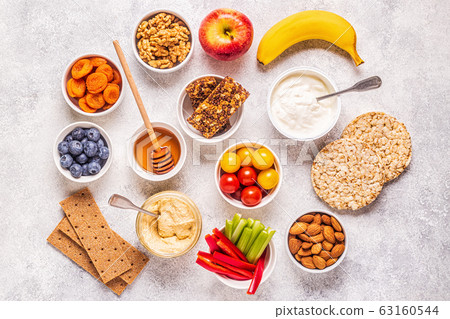 Healthy snack concept, top view. Healthy snack concept, top view. 63160544