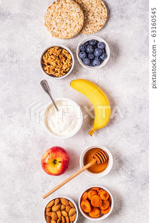 Healthy snack concept, top view. Healthy snack concept, top view. 63160545