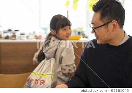 Father checking the status of the emergency carry bag carried by the child Father checking the status of the emergency carry bag carried by the child 63161043