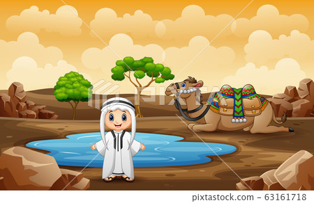 Arab boy and a camel resting by the small pond in desert 63161718