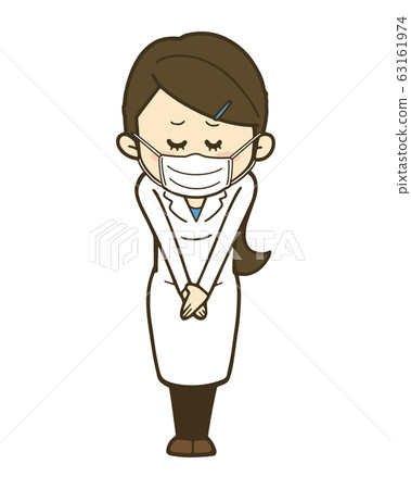 A woman in a white coat with her head front mask A woman in a white coat with her head front mask 63161974