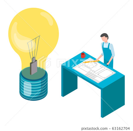 Man Working on Plan, Light Bulb near Architect Man Working on Plan, Light Bulb near Architect 63162704