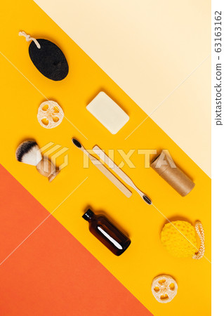 Reusable accessories on color background. 63163162