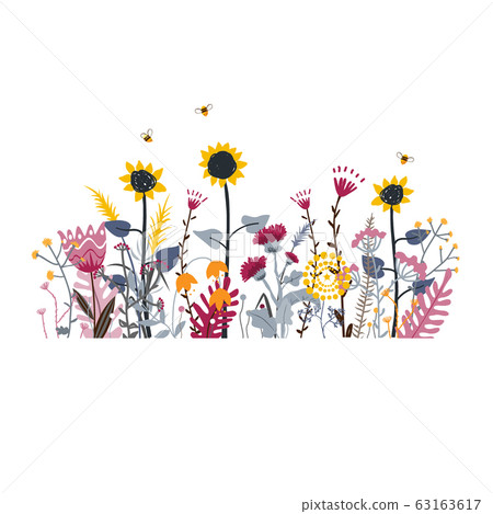 Wild and honey meadow flowers scene. Vector nature background with hand drawn wild herbs, flowers and leaves on white. Wild and honey meadow flowers scene. Vector nature background with hand drawn wild herbs, flowers and leaves on white. 63163617