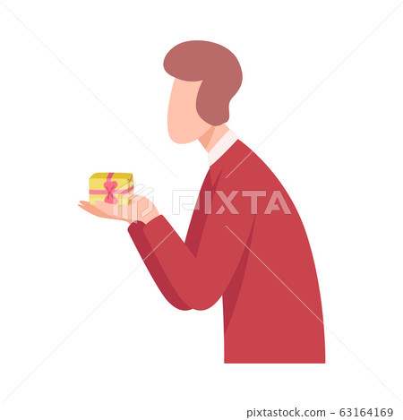Young Man Holding Gift Box, Side View Flat Vector Illustration 63164169