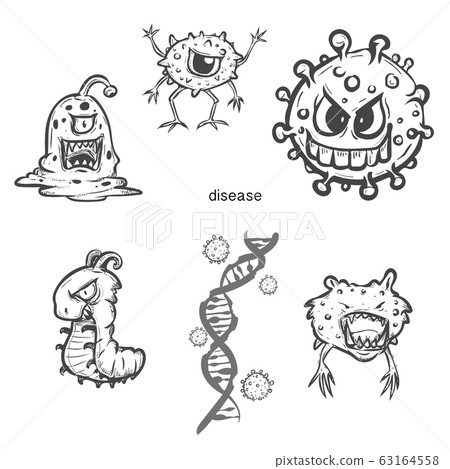 Character diseases virus cartoon set., Doodle style germs.,micro-organisms, bacteria, viruses, fungi 63164558