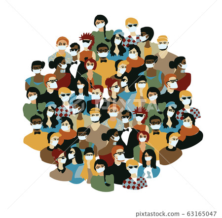 Epidemic virus casual people in medical masks big group 63165047
