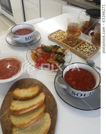 Ukrainian borscht with toast and meat on garnish 63166271