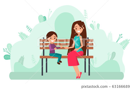 Mother with Little Child Sitting on Wooden Bench Mother with Little Child Sitting on Wooden Bench 63166689