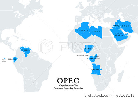 OPEC member states, political map. Organization of the Petroleum Exporting Countries, organization of 14 nations, giving a major influence on global oil price. English labeling. Illustration. Vector. 63168115