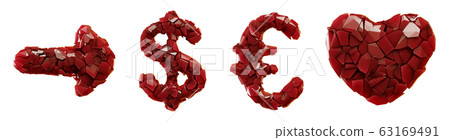 Symbol plastic set arrow, dollar, euro, heart made of 3d render plastic shards red color. 63169491